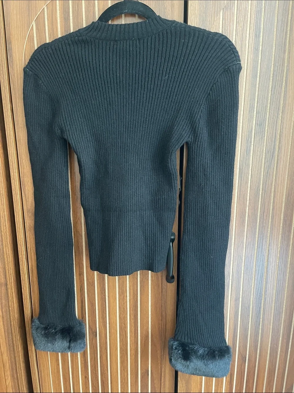 Fashion Nova Black Ribbed Sweater with Faux Fur Cuffs, Winter Chic